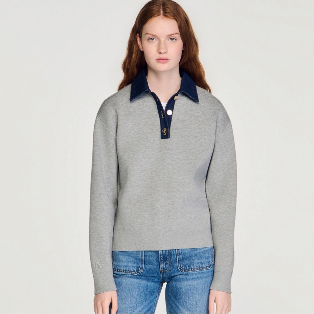 Sandro SWEATER WITH DENIM COLLAR sz 0 - Picture 2 of 6